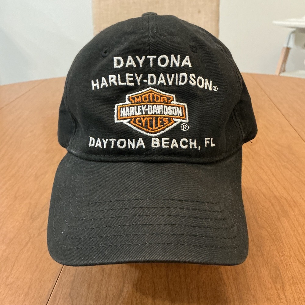 Y2K Harley-Davidson Grunge Biker Hat OSFM Black Embroidered Cap Daytona Beach FL